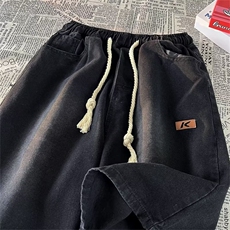 抽绳贴标牛仔短裤男夏季美式复古潮牌宽松五分中裤Z2056P38，男装牛仔裤，星座1116-2