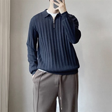 坑条纹毛衣翻领polo拉链领毛衣针织打底衫E41075-P75，男装Polo衫，星座1012-1