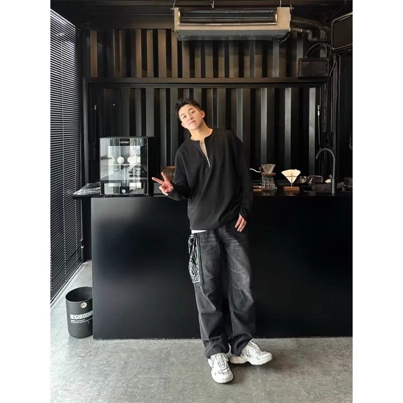 华夫饼半拉炼运动衫男士春秋季薄清洁长袖t恤圆领亨利衬衫TWY969,男装T恤,星座208-5