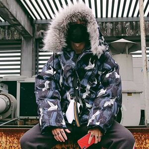 冬季韩版国潮仙鹤满印情侣棉衣宽松加厚棉服男外套Y05-P130图片