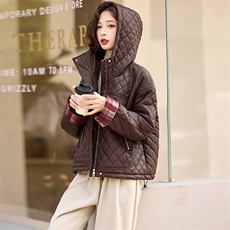 【现货主推】2024冬季时尚潮流百搭菱格夹棉皮衣外套，女装皮衣，魅丽静蓝