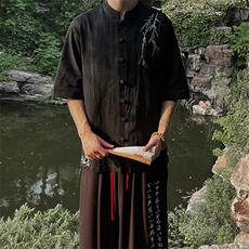 棉麻新中式风刺绣五分袖短袖衬衫复古盘扣MT2308-P65，男装T恤，电商A021