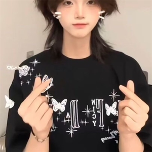 蝴蝶字母刺绣纯棉夏季2025新款美式宽松百搭潮牌短袖T恤女上衣服图片