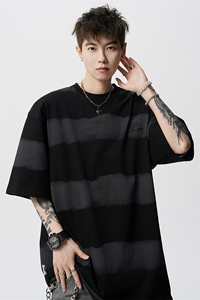 8XL-M 高品质纯棉扎染条纹短袖T恤男宽松美式复古半袖情侣DX339图片