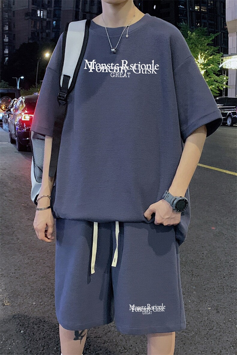 ！2025夏季新款男士印花华夫格短袖套装学生一套HTZ121P50,男装T恤,电商B220
