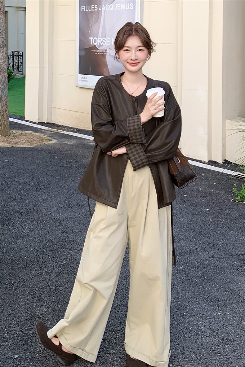 设计感褶皱圆领设计感棕色外套女2025秋季复古高级感淡人夹克外套,女装皮衣,2D075