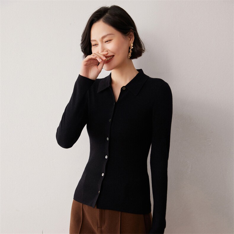 秋冬新款洋气时尚百搭显瘦女款POLO领35%山羊绒开衫,女装羊绒衫,艾巧羊绒