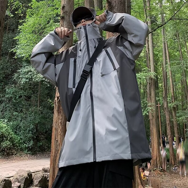 春秋季撞色拼接冲锋衣男女外套宽松机能风工装连帽夹克9050P60,男装夹克,星座410-2