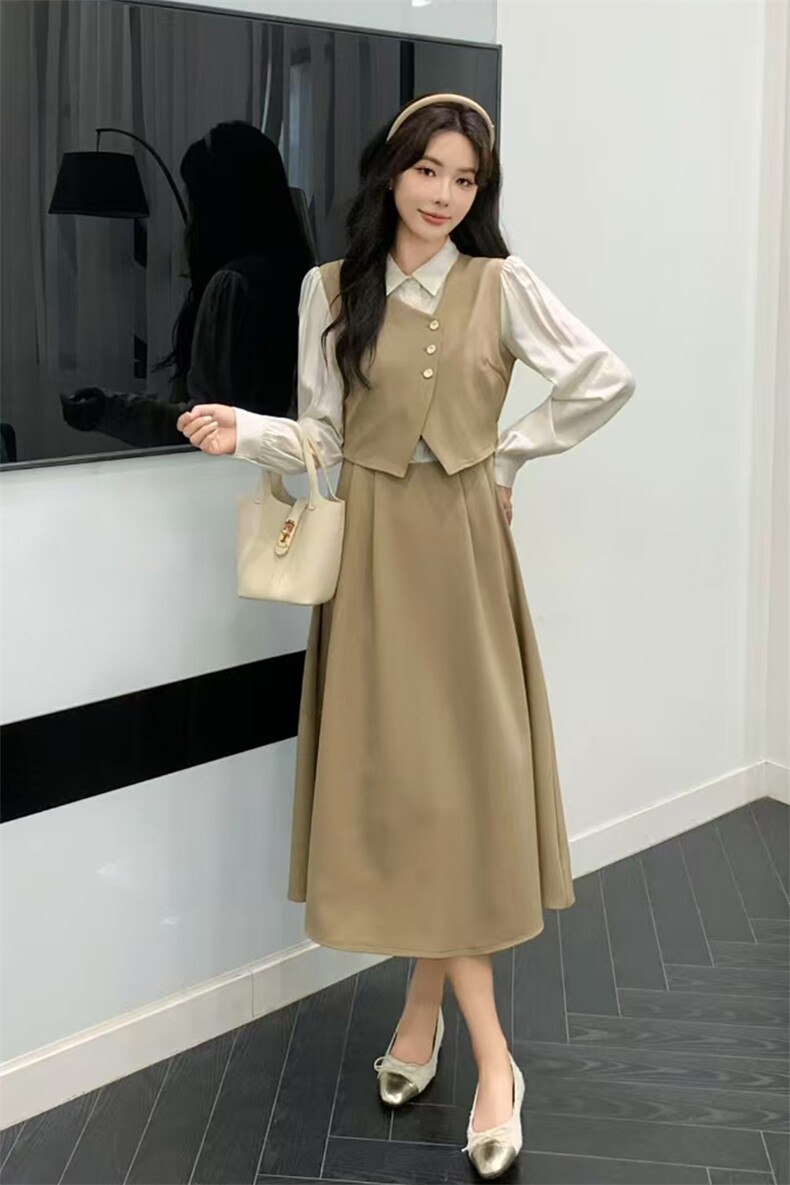 精品现货2024秋装新款女时尚气质拼接假两件套修身高腰连衣裙,女装套装/套裙,煊芮熙