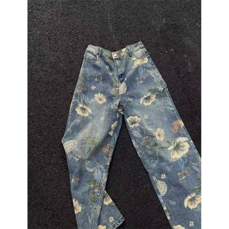 春季新款vintage美式花卉宽松阔腿牛仔裤复古着男拖地GJ165P60,男装牛仔裤,电商D256-1(原A064-1)