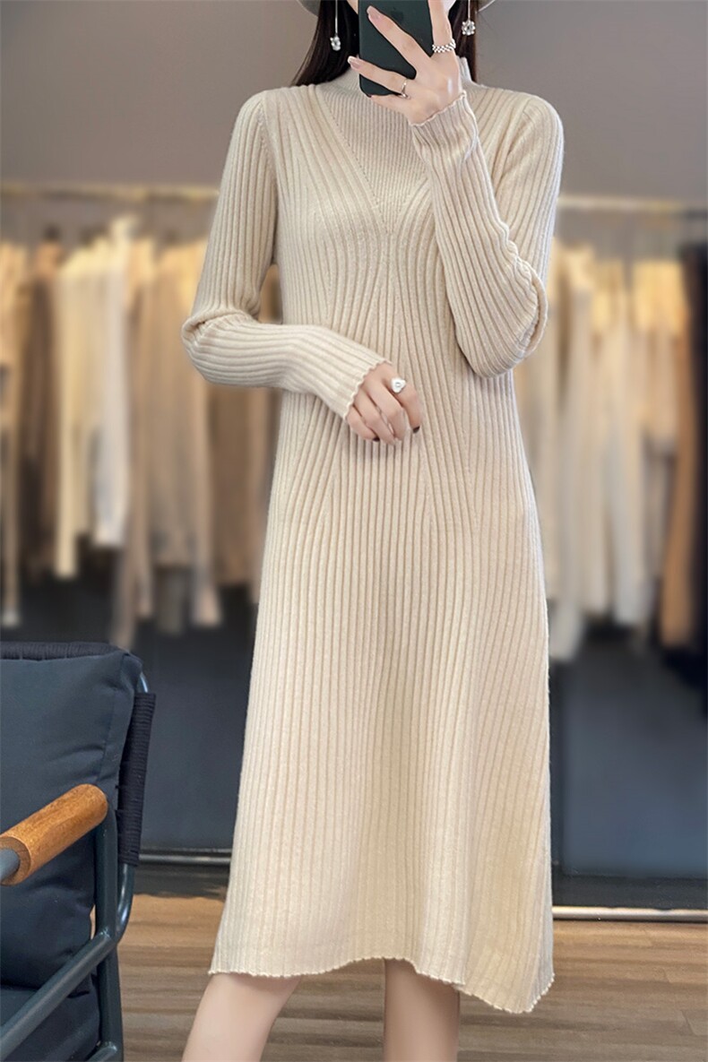 半高领修身抽条设计羊毛连衣裙显瘦百搭长袖针织裙气质女装秋冬季,女装连衣裙,狄美羊绒