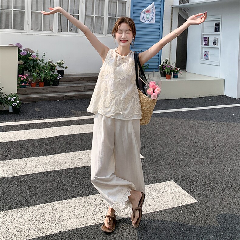 法式复古套装女2025夏季新款重工无袖蕾丝上衣阔腿裤显瘦两件套,女装套装/套裙,2C093