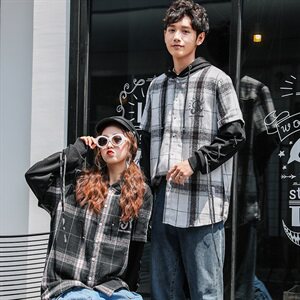 709-C809-P75 2021春秋季新款 情侣连帽宽松休闲格子衬衫外套男图片