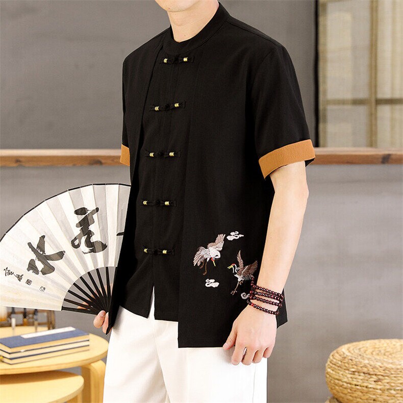 2025新款中式盘口长袖上衣潮流时尚汉服风刺绣假两件，男装民族服装，星座1206（原A206）