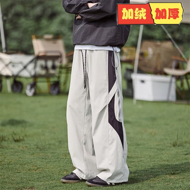 美式复古拼接撞色垂感直筒休闲裤男高腰宽松高级感个性加绒运动裤图片
