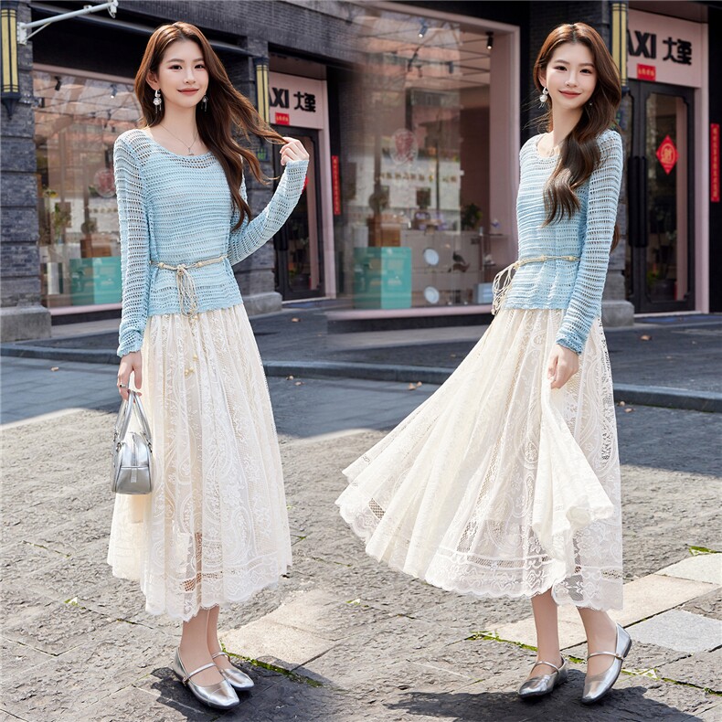 现货2026新款女夏装时尚气质优雅潮流针织毛衣蕾丝半身裙两件套，女装套装/套裙，艾贝斯