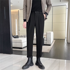 秋冬毛呢裤子男士修身长裤休闲裤韩版直筒常规9九分小西裤KX24
