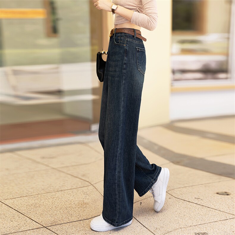 深蓝高腰窄版阔腿牛仔裤女2024春秋季美式高街宽松直筒垂感拖地裤,女装牛仔裤,江南女神