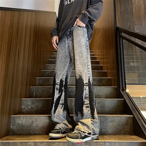 美式设计感扎染牛仔裤男款直筒潮牌痞帅炸街裤子高腰显瘦微喇长裤图片