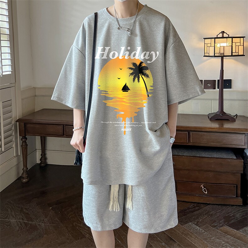 华夫格套装运动短袖t恤套装休闲两件套一套HZ84266-P44,男装T恤,电商A040