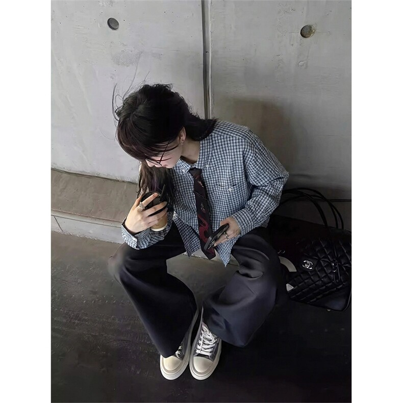 复古长袖格子衬衫拼接2026春季miu系穿搭衬衣男C64134-TP4588,男装衬衫,电商A102