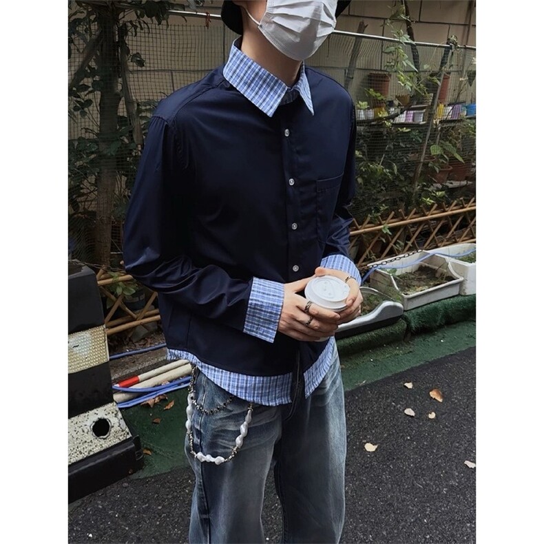 美式复古学院风藏蓝色格子拼接假两件衬衫男长袖衬衣cleanfit外套，男装衬衫，星座1210-1