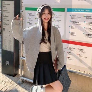 浅灰色开衫卫衣外套男款秋季美式重磅硬挺连帽衫cleanfit短款夹克图片