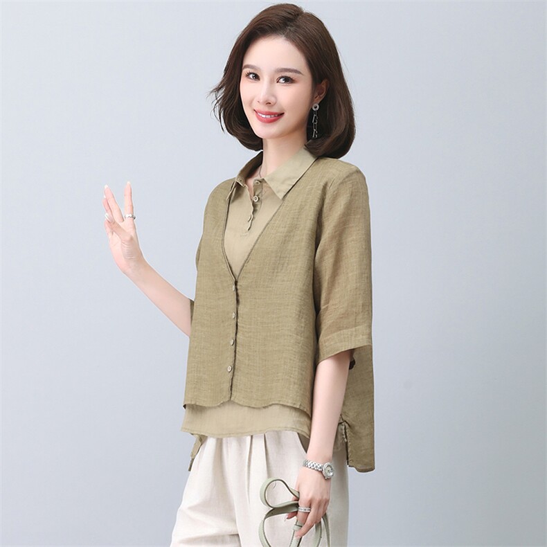 时尚休闲棉麻女2025夏季新款中年妈妈苎麻衬衫减龄亚麻,女装衬衫,忆绮罗