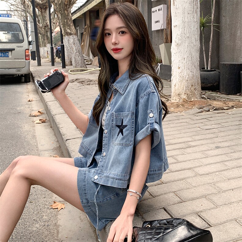 夏季新款时尚气质休闲简约个性百搭舒适牛仔两件套,女装套装/套裙,纯色衣恋