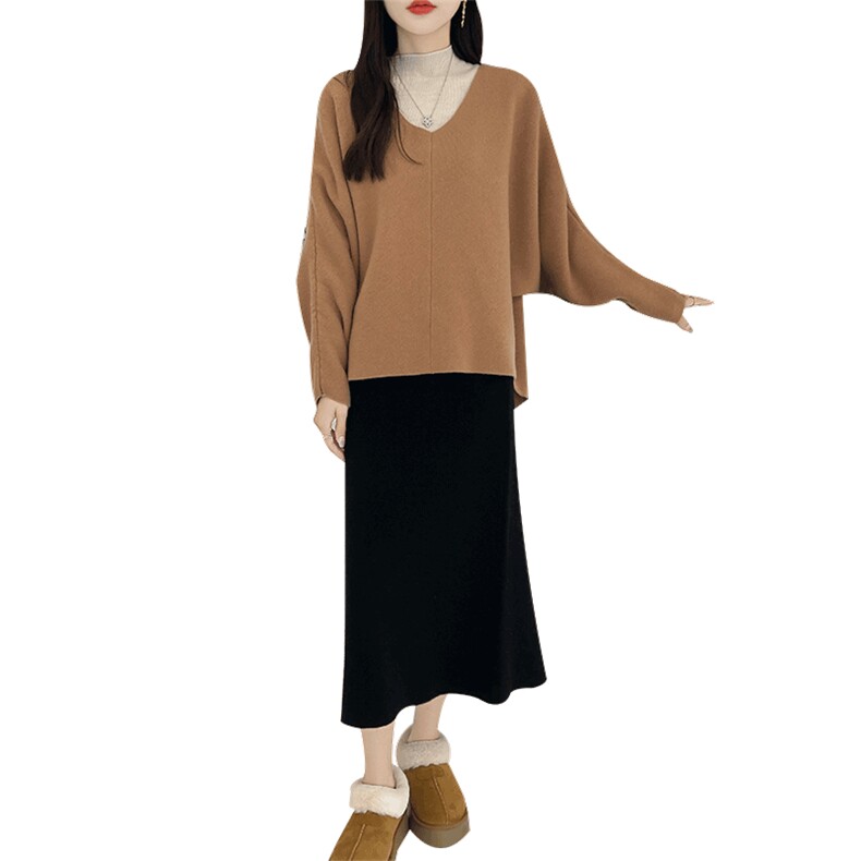 韩版高级感V领100%羊绒套装女慵懒宽松大码蝙蝠袖毛衣开叉半身裙,女装套装/套裙,美雪羊绒