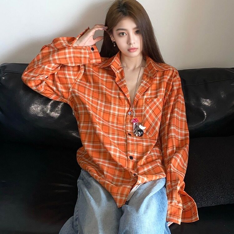 美式橘色格纹长袖衬衫男女情侣款宽松休闲百搭情侣显白衬衣外套,男装衬衫,星座506A