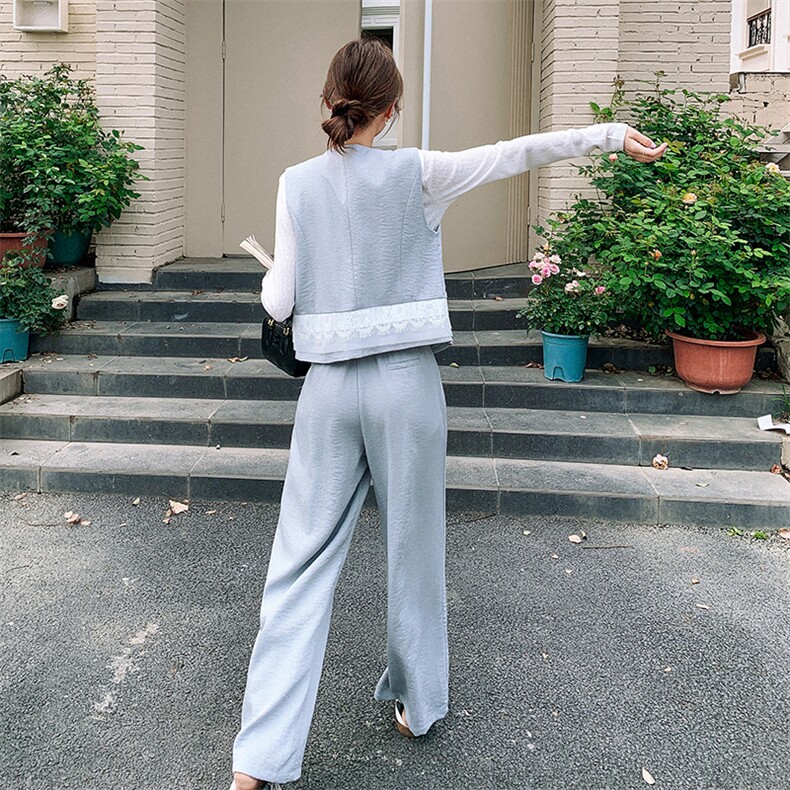 小众设计感蕾丝拼接马甲套装女2025春季韩系休闲百搭阔腿裤三件套,女装套装/套裙,2C129
