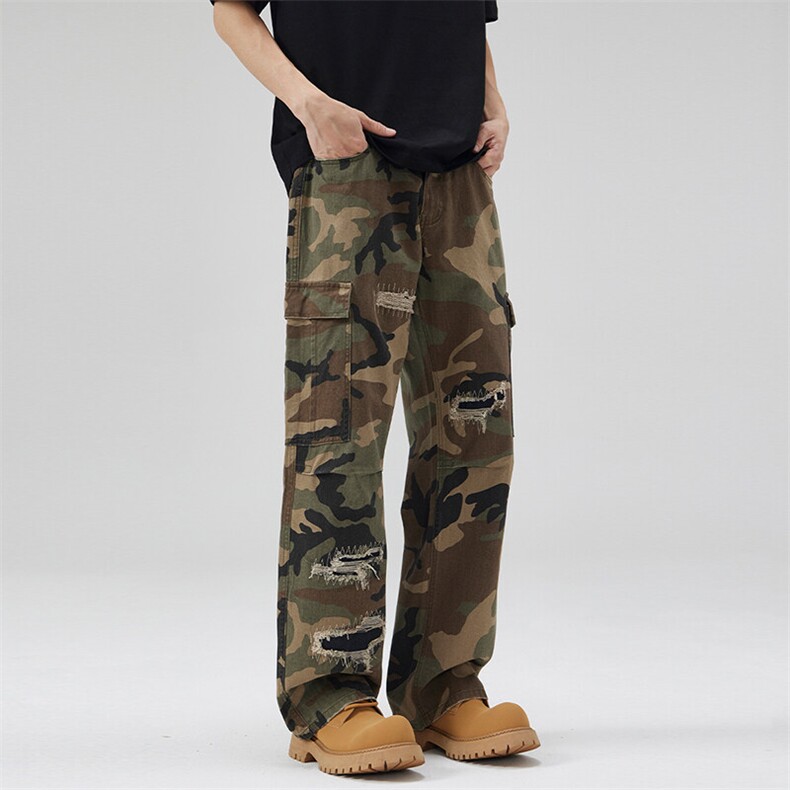 2025春夏破洞贴布绣花迷彩工装裤男直筒伞兵多口袋长裤子潮牌，男装牛仔裤，星座301D-3