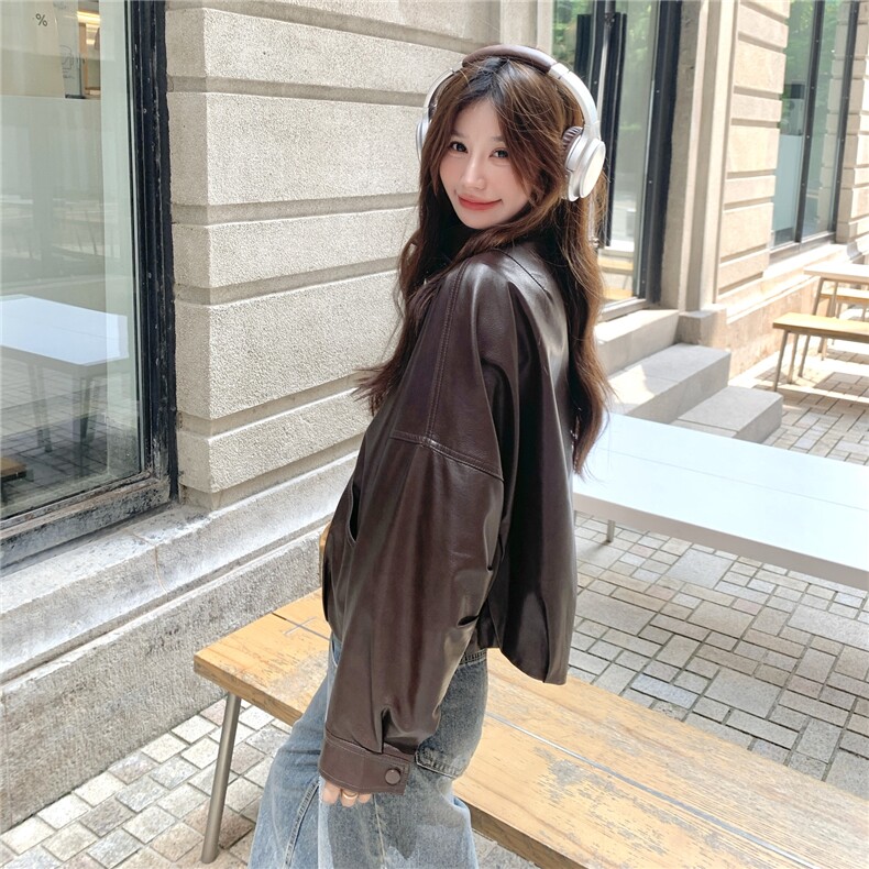 美式短款棕色机车服外套女春秋2025超火好看高级小众皮衣夹克上衣,女装皮衣,2C090