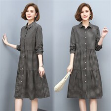 格子显瘦连衣裙2021春季新款长袖单排扣连衣裙，女装连衣裙，独衣靓