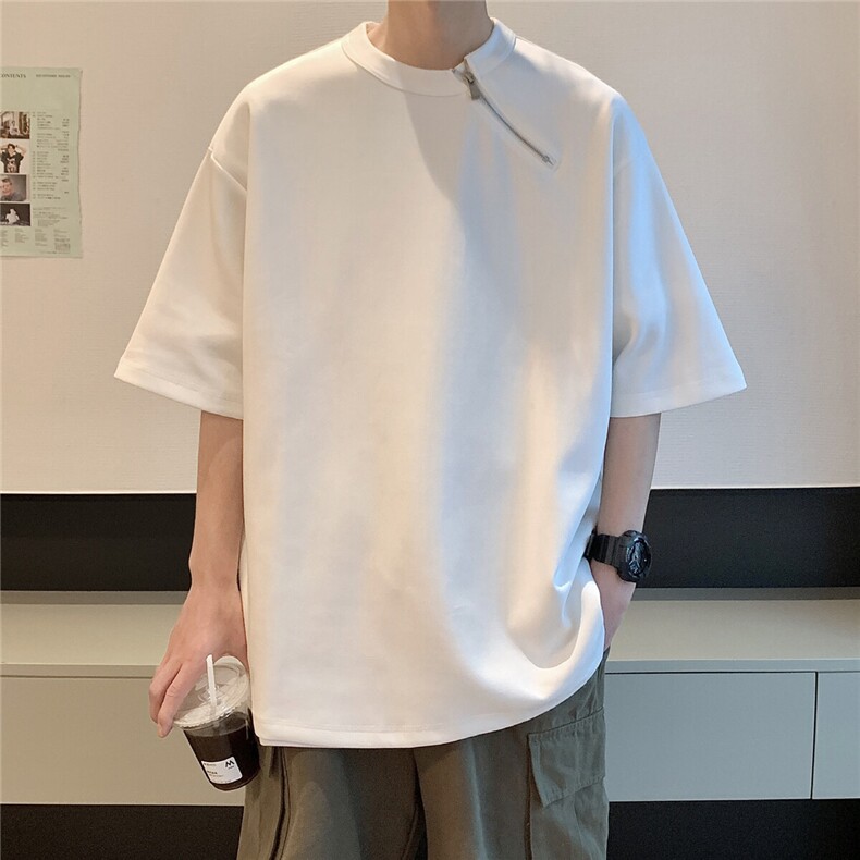 港风单拉链设计纯色短袖T恤休闲大码情侣短袖T恤DT77018P38控58,男装T恤,星座227-7