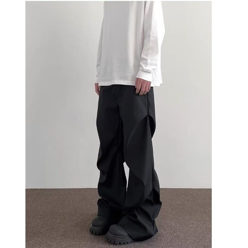 美式小众褶皱拖地微喇休闲裤高级感宽松直筒垂感黑色西裤男，男装西裤，星座506A