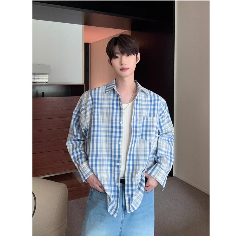 K411-P36秋季情侣磨毛蓝白格子长袖衬衫休闲宽松防晒衣潮流，男装防晒衣，电商B323A