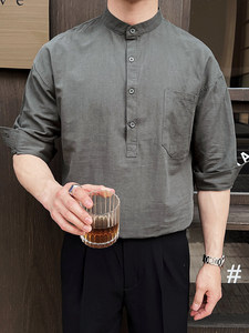 夏季男士七分袖麻料立领衬衫男休闲修身休闲衬衣A236-C666-P55图片