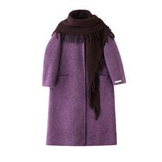 2025冬季新款双面绒羊毛大衣中长款过膝配流苏披肩围巾毛呢外套潮，女装毛呢外套，朵莱米