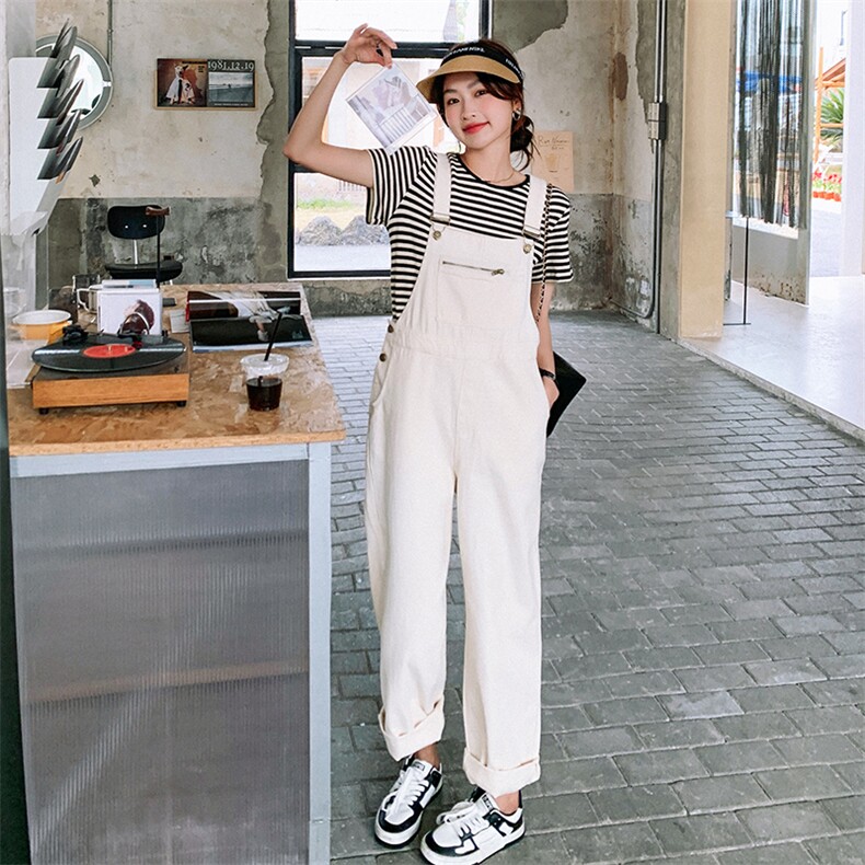 2023夏季新款休闲宽松减龄纯色背带裤?条纹短袖T恤两件套套装女，女装连体裤，辉之琳