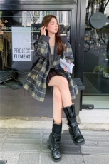 秋冬新款撞色拼接纹领双面羊绒大衣女中长款韩版系带羊毛呢外套女，女装毛呢外套，2C220