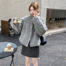 灰色宽松面包服短款慵懒风羊毛呢羽绒服白鸭绒外套6096P245K358，女装羽绒服，维壹
