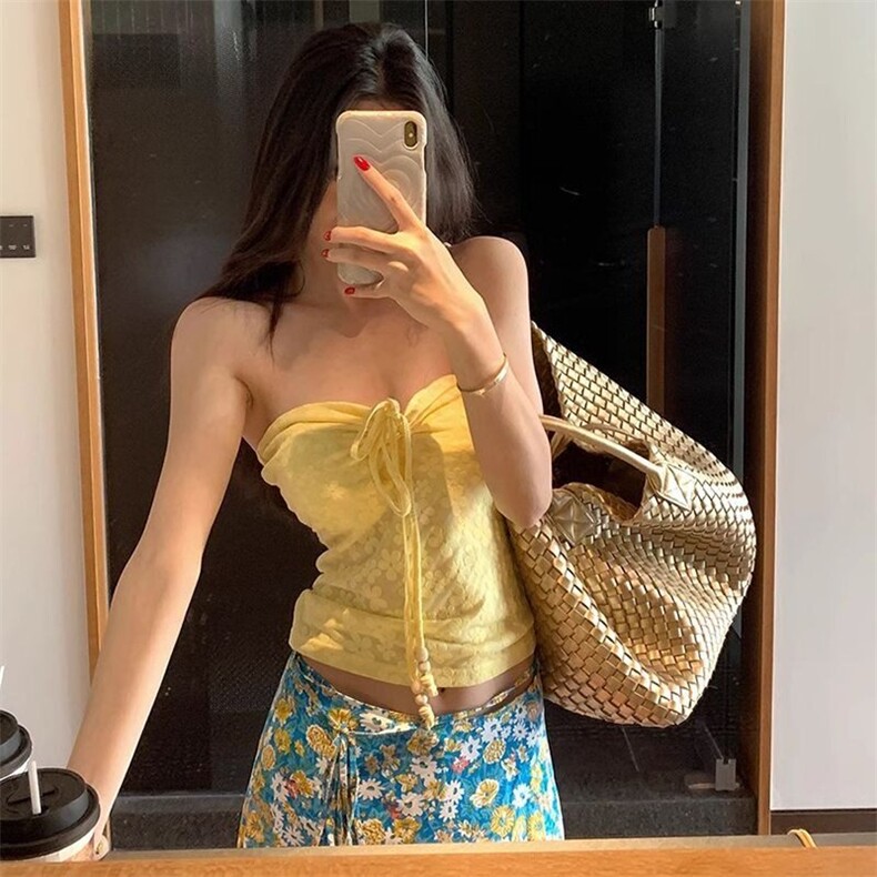 巨鹿工作室“柠檬味的夏天”微胖mm多巴胺辣妹感纯欲抹胸大码上衣,女装半身裙,星座506A