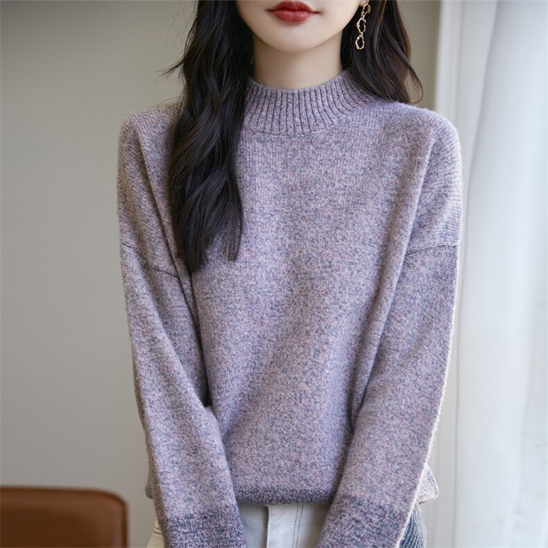 半高领花纱拼色100%纯羊绒衫女保暖宽松慵懒软糯毛衣针织打底上衣,女装羊毛衫,宏杨羊绒