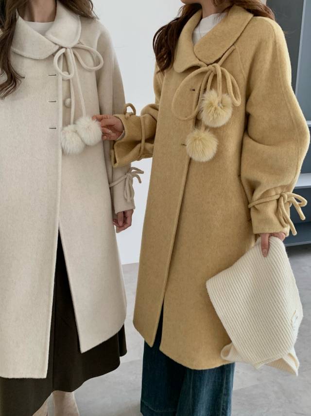 冬上新！斜门襟蝴蝶结系带冬季毛绒球中长款羊毛大衣真狐狸毛,女装羊绒大衣,依嘟服饰