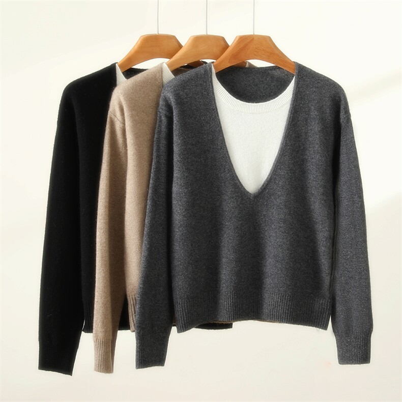 2025年秋季时尚百搭通勤简约休闲女士假两件V领套头长袖，女装羊绒衫，恒标羊绒