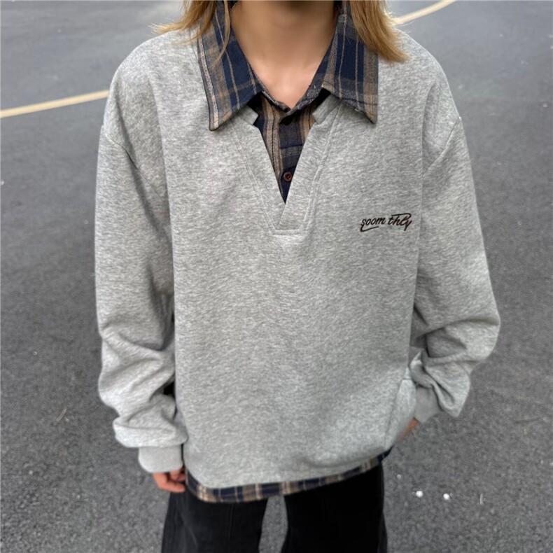假两件拼接衬衫领卫衣男女秋冬季美式复古长袖t恤学院风情侣外套图片