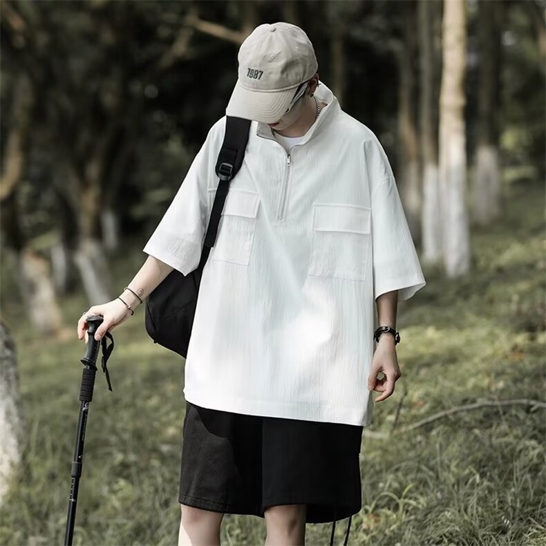 夏季半拉链高领衬衫男短袖t恤潮牌复古垂坠感小众休闲薄款衬衣服图片