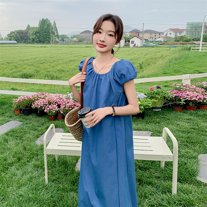 蓝色高级感连衣裙2025年夏季新款法式时尚气质轻熟风泡泡袖茶歇裙,女装连衣裙,维壹